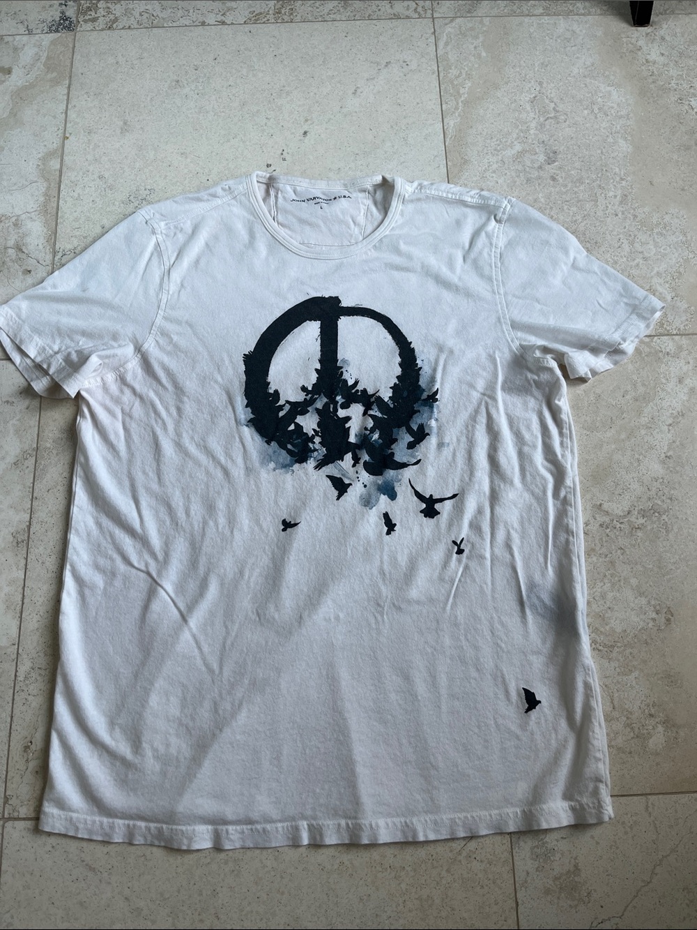 John Varvatos White Short-Sleeve T-Shirt with Navy Dove Peace Graphic Sz Large